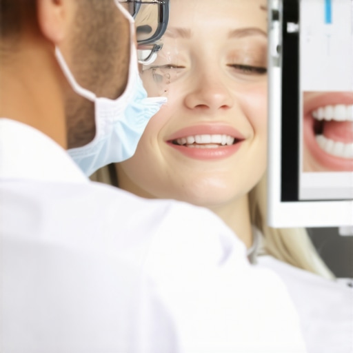 Dentist and patient discussing cosmetic dental treatments with digital smile design tools.