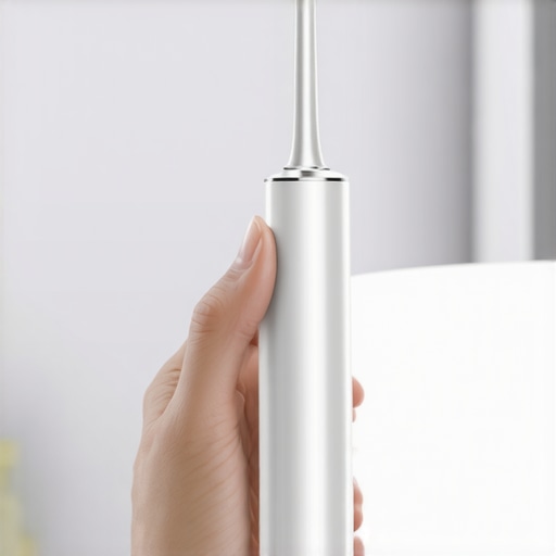 Person using AI toothbrush with digital display in bathroom