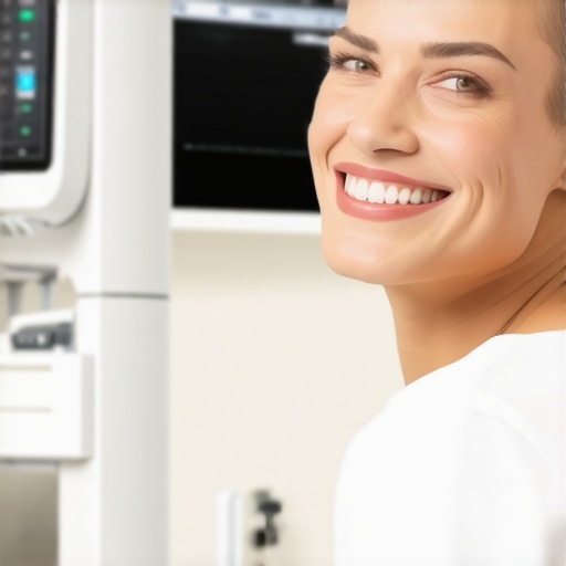 Cutting-edge Dental Technology for Rapid Smile Makeovers A dentist showing digital smile design to a happy patient in a high-tech clinic.