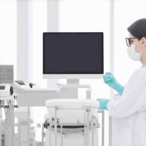 Dentist using digital scanner with patient discussing smile enhancement plan.