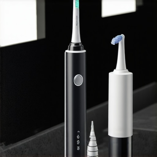 Electric toothbrush, water flosser, and dental tools on bathroom counter for efficient teeth cleaning.