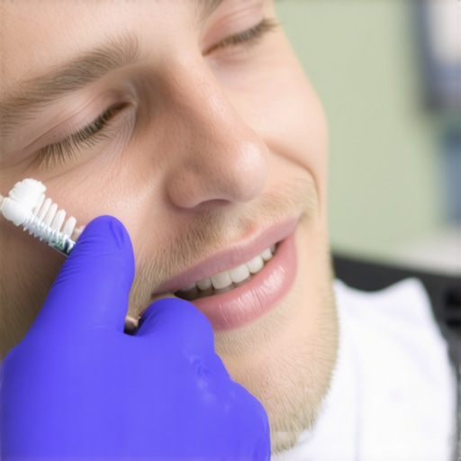 A dental professional using ultrasonic scaler during teeth cleaning