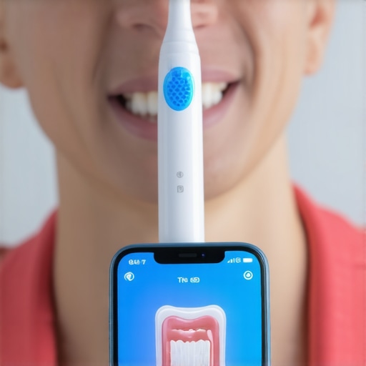 Person brushing teeth with an electric toothbrush connected to a smartphone app
