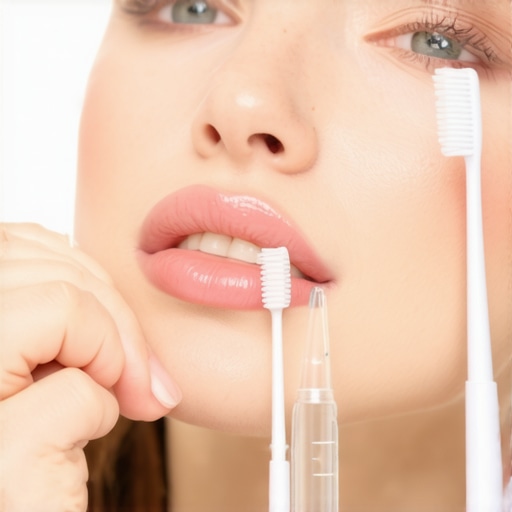 Person using water flosser and mirror to maintain teeth health after Invisalign treatment