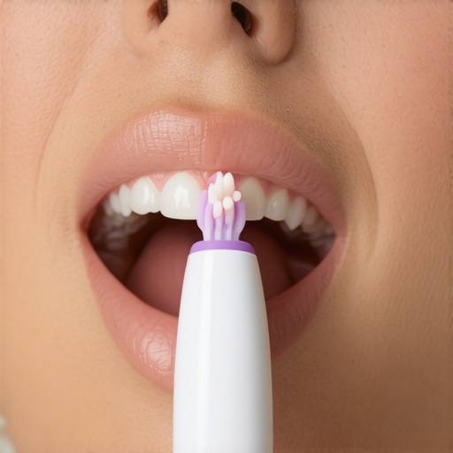 Person brushing teeth with an electric toothbrush, promoting good dental habits