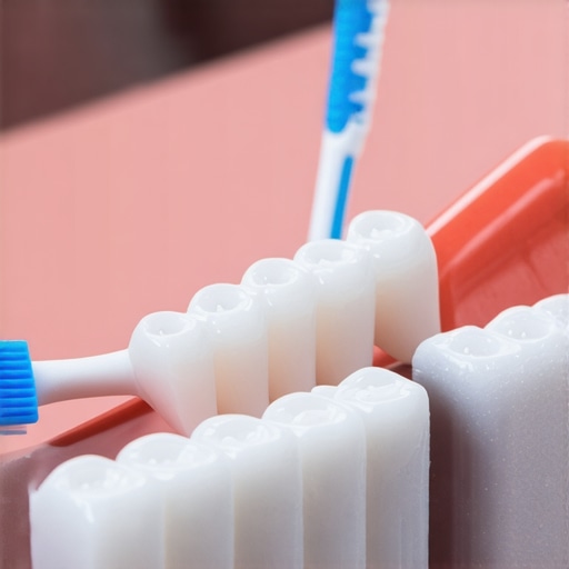Person brushing Invisalign clear aligners gently with a toothbrush under water.