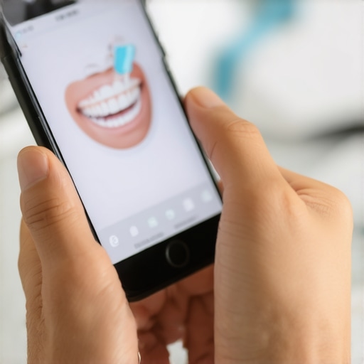Digital Dental Monitoring in Action Person using a smartphone app to monitor dental alignment progress with dentist support.