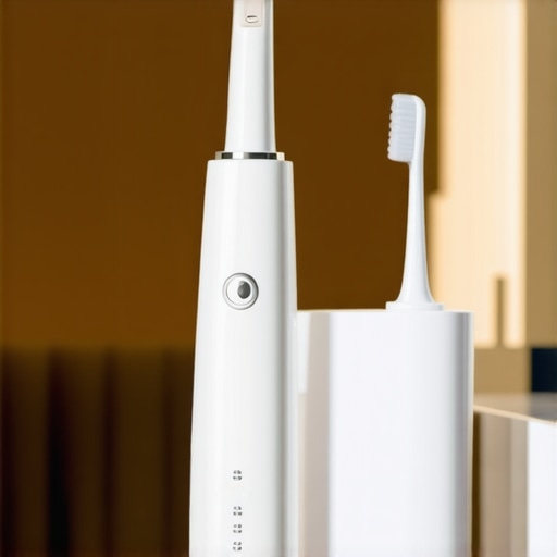 Person actively cleaning teeth with electric toothbrush and water flosser, showcasing dental hygiene tools