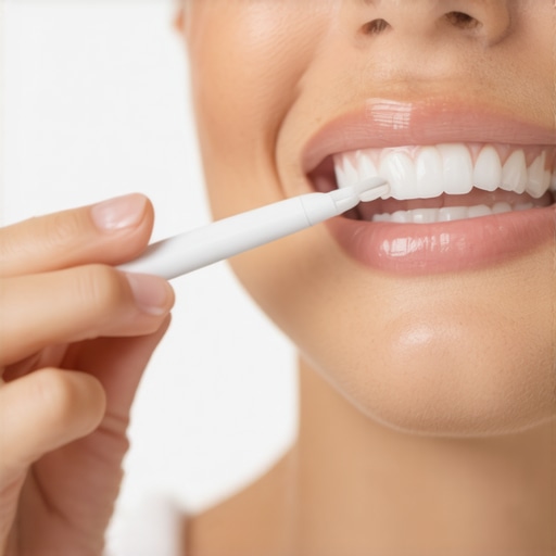 Person cleaning teeth with floss and toothbrush in bathroom