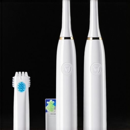 Electric toothbrush and water flosser on bathroom counter for dental hygiene