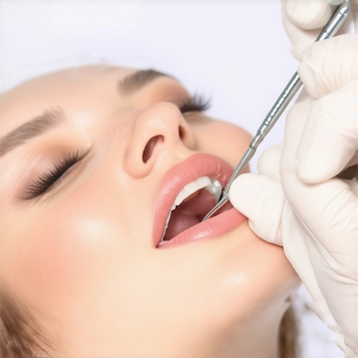 Dentist cleaning patient's teeth in a modern dental clinic.