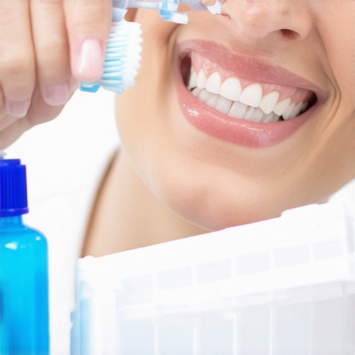 Person meticulously cleaning Invisalign trays with a toothbrush and solution