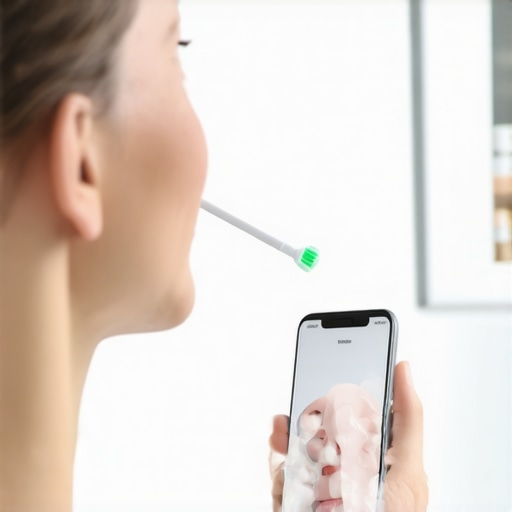Smart Toothbrush and Dental Tech Person using a smart electric toothbrush with app connectivity for improved oral hygiene.