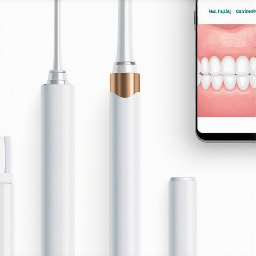 Ultrasonic scaler, water flosser, and smartphone displaying dental app used for oral health maintenance.