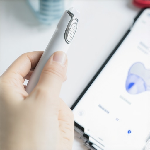 Person cleaning dental aligners with ultrasonic device while monitoring app on smartphone.