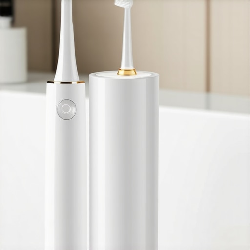 Water flosser and electric toothbrush arranged on a bathroom counter for oral care.
