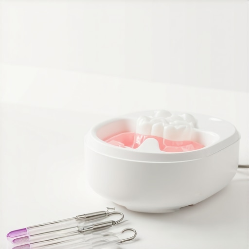 A UV sterilizer disinfecting dental aligners on a bathroom counter