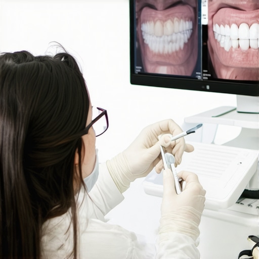 Dentist with digital imaging equipment demonstrating Invisalign progress to patient.