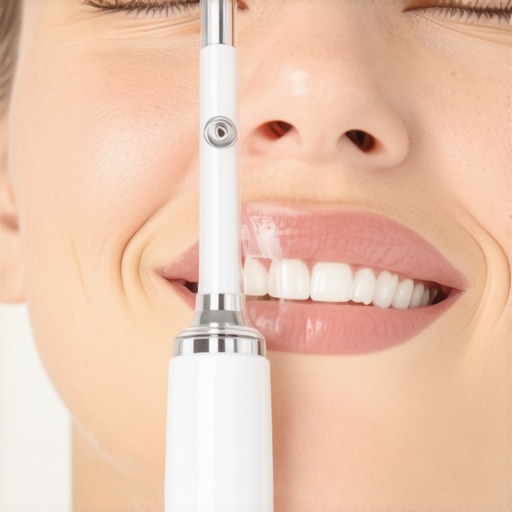 Person cleaning teeth with a Waterpik Sonic Fusion device, demonstrating advanced dental tools.