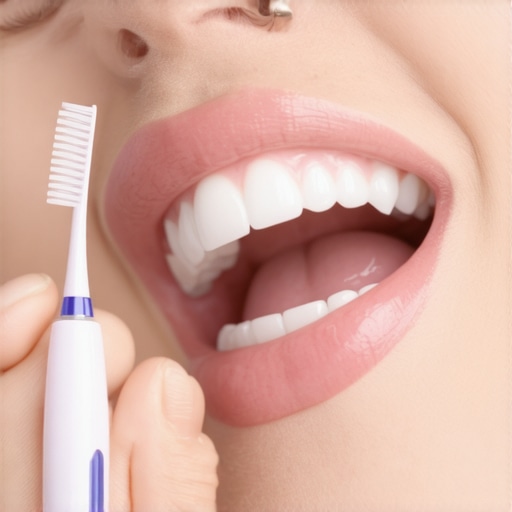 Person cleaning teeth with ultrasonic device and interdental brushes to maintain oral health.