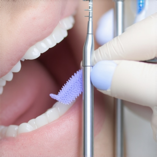 Dentist using ultrasonic scaler and biofilm fluorescence detector during cleaning