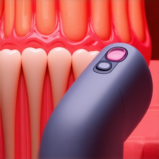 A dentist or individual holding an infrared scanner examining teeth