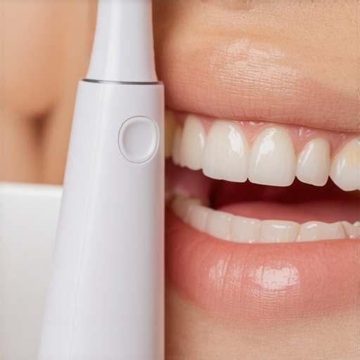 A sleek water flosser cleaning teeth with a steady water jet