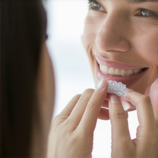 Individual checking Invisalign tray fit with a tap test in front of a mirror.