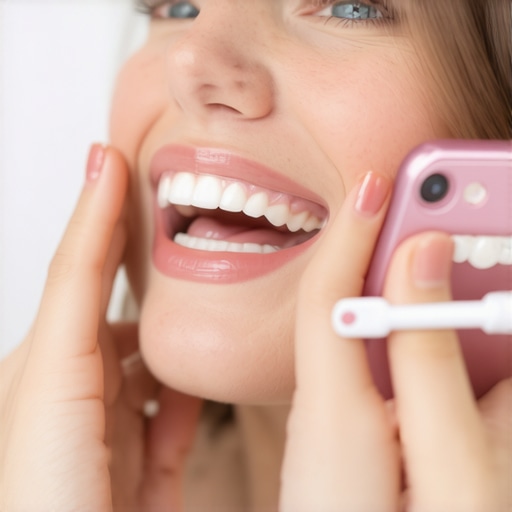A person holding a smartphone displaying an Invisalign monitoring app in a dental clinic setting