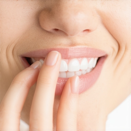 Person using their fingers to tap and check Invisalign tray fit in their mouth.
