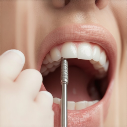 Dentist using ultrasonic scaler to clean patient's teeth