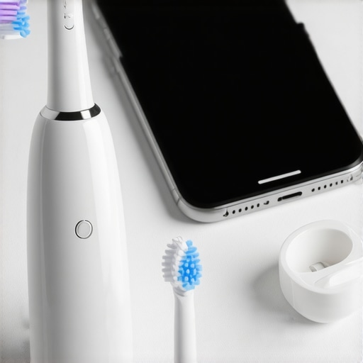 Modern ultrasonic toothbrush, water flosser, and a smartphone displaying dental health tracking app.