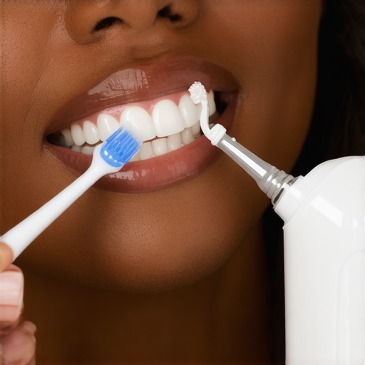 Person demonstrating the use of sonic toothbrush and water flosser for optimal dental hygiene.