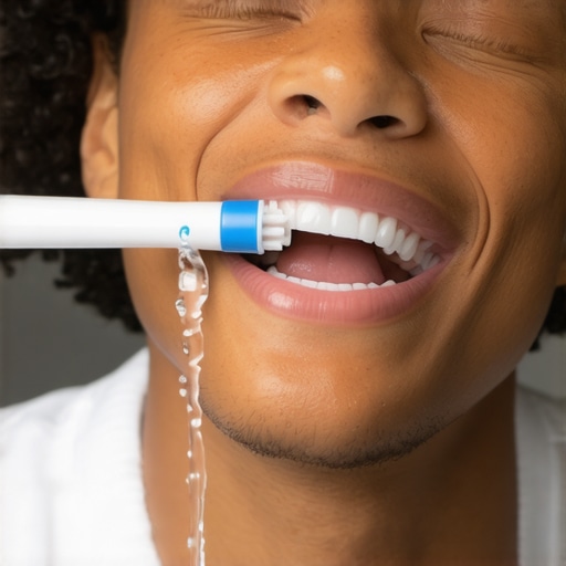Person using sonic toothbrush and water flosser for dental care