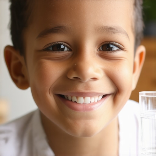 A child smiling showing healthy teeth next to a glass of water on a table