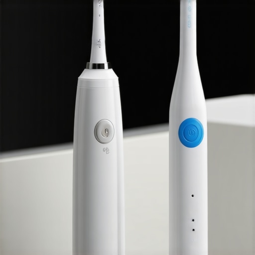 Sonic toothbrush and water flosser used for dental care on a bathroom countertop.