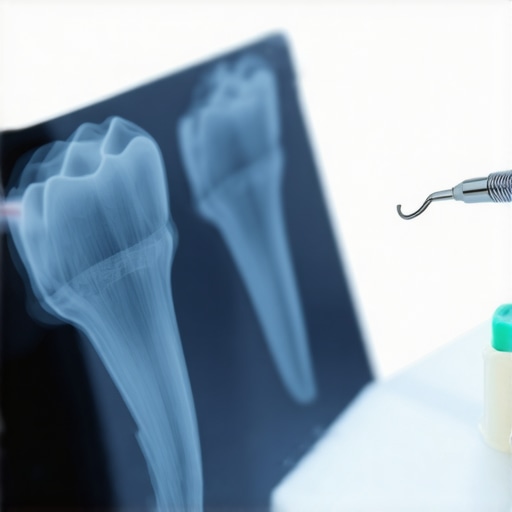 Dentist analyzing X-ray images to determine cavity depth in patient's teeth.