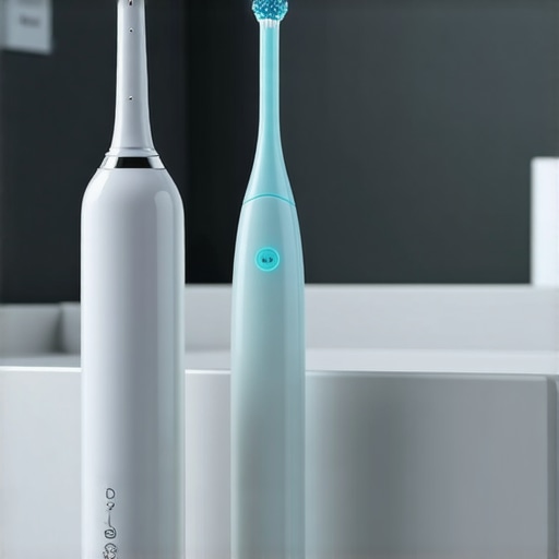 Close-up of a person cleaning teeth with a sonic toothbrush and water flosser in a modern bathroom