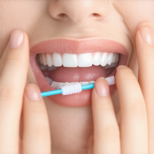 A person using interdental brushes to clean between teeth, promoting gum health.