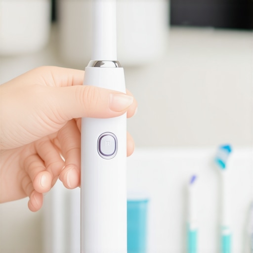 Person showcasing an electric toothbrush with a built-in pressure sensor for gentle brushing.
