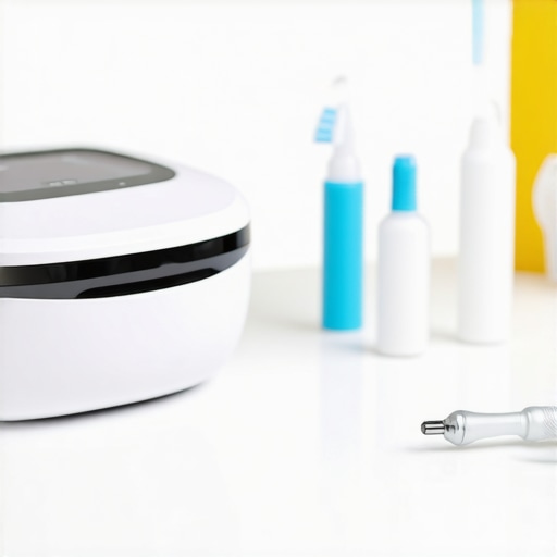 Array of advanced dental tools and hygiene products arranged on a countertop in a dental clinic.