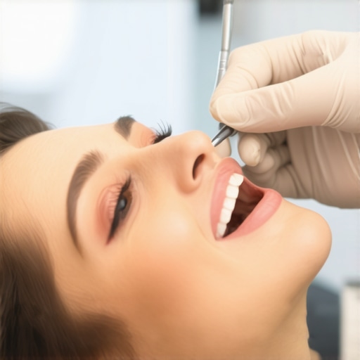 A dentist carefully inspecting a patient's gums to ensure comfort after cleaning.