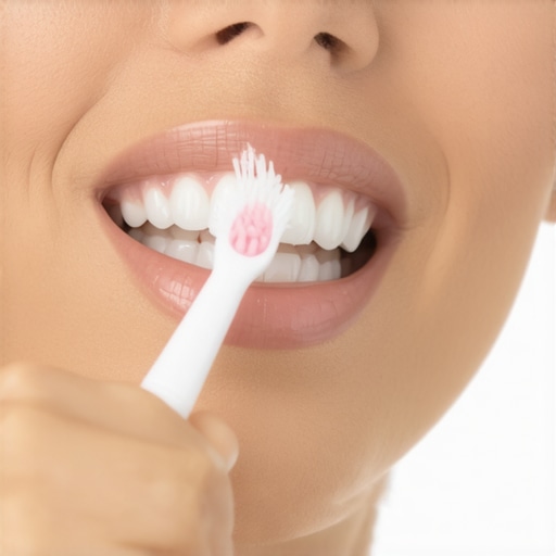A person using a soft-bristled toothbrush gently brushing teeth along the gumline to reduce sensitivity