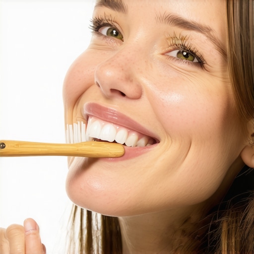 Person brushing teeth with bamboo toothbrush to support microbiome health