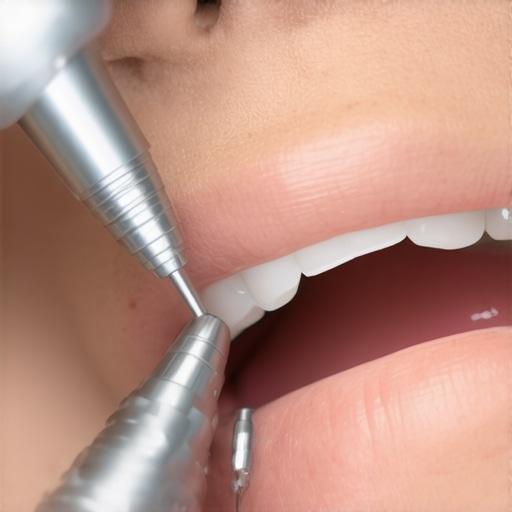 Dentist using laser device on patient's teeth for precise cleaning