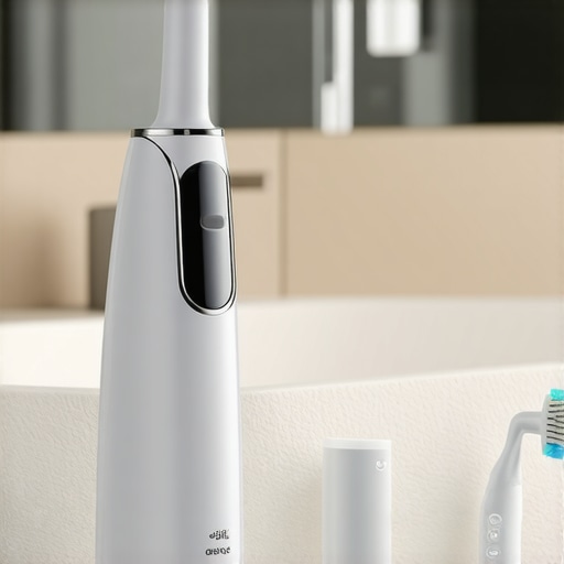 A water flosser and sonic toothbrush displayed on a bathroom counter, representing effective dental maintenance equipment.