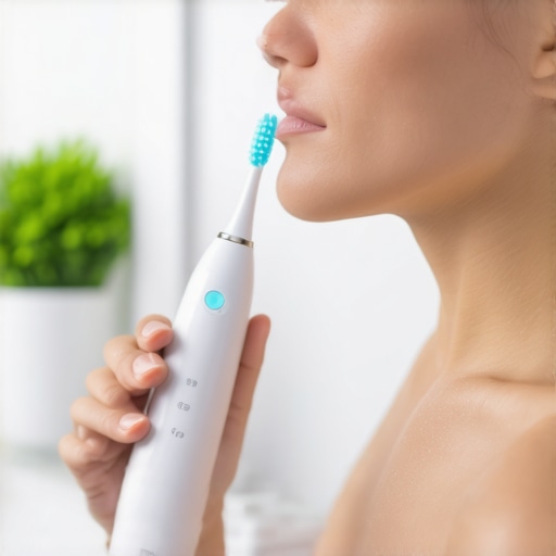 Person brushing teeth with an electric toothbrush to demonstrate dental care tools.