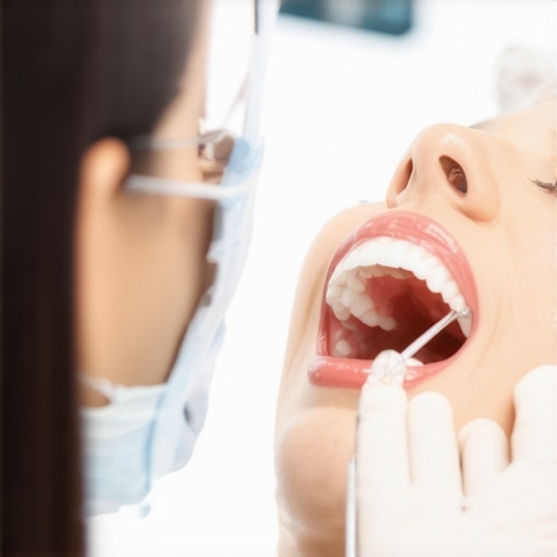 Dentist using dental tools to examine patient's teeth in a well-lit clinic.