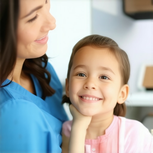 Child and parent in dental clinic with dentist and soothing atmosphere