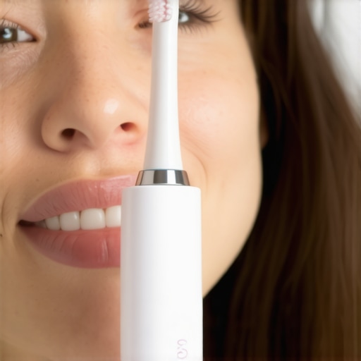 Person brushing teeth gently with SonicSmile Pro toothbrush showing pressure sensor alert.